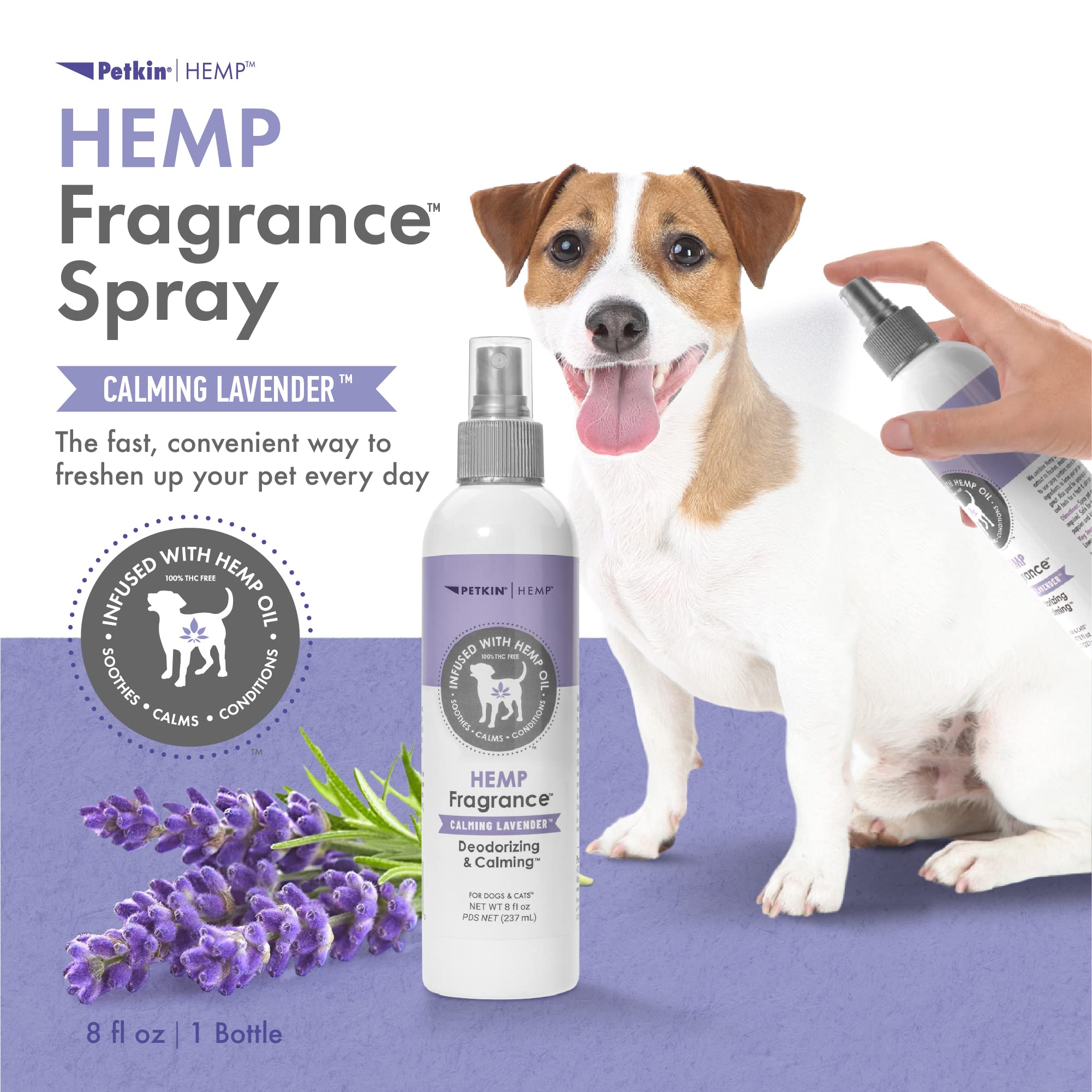 Petkin Hemp Fragrance label close-up – highlights hemp oil and lavender calming scent for pets.