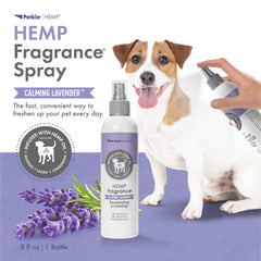 Petkin Hemp Fragrance label close-up – highlights hemp oil and lavender calming scent for pets.