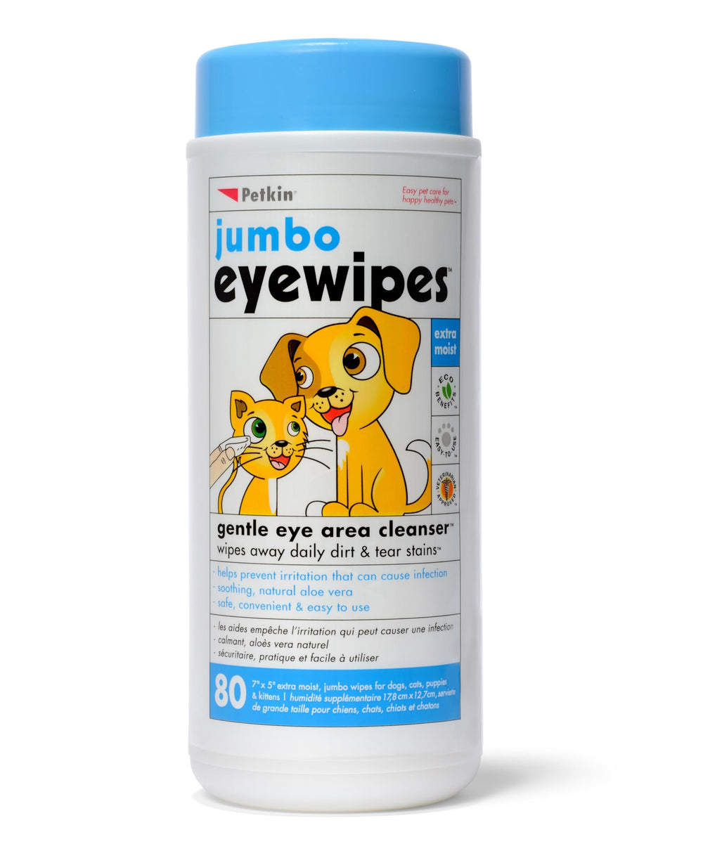 Petkin Jumbo Eye Wipes packaging shown in a resealable canister for easy eye care.
