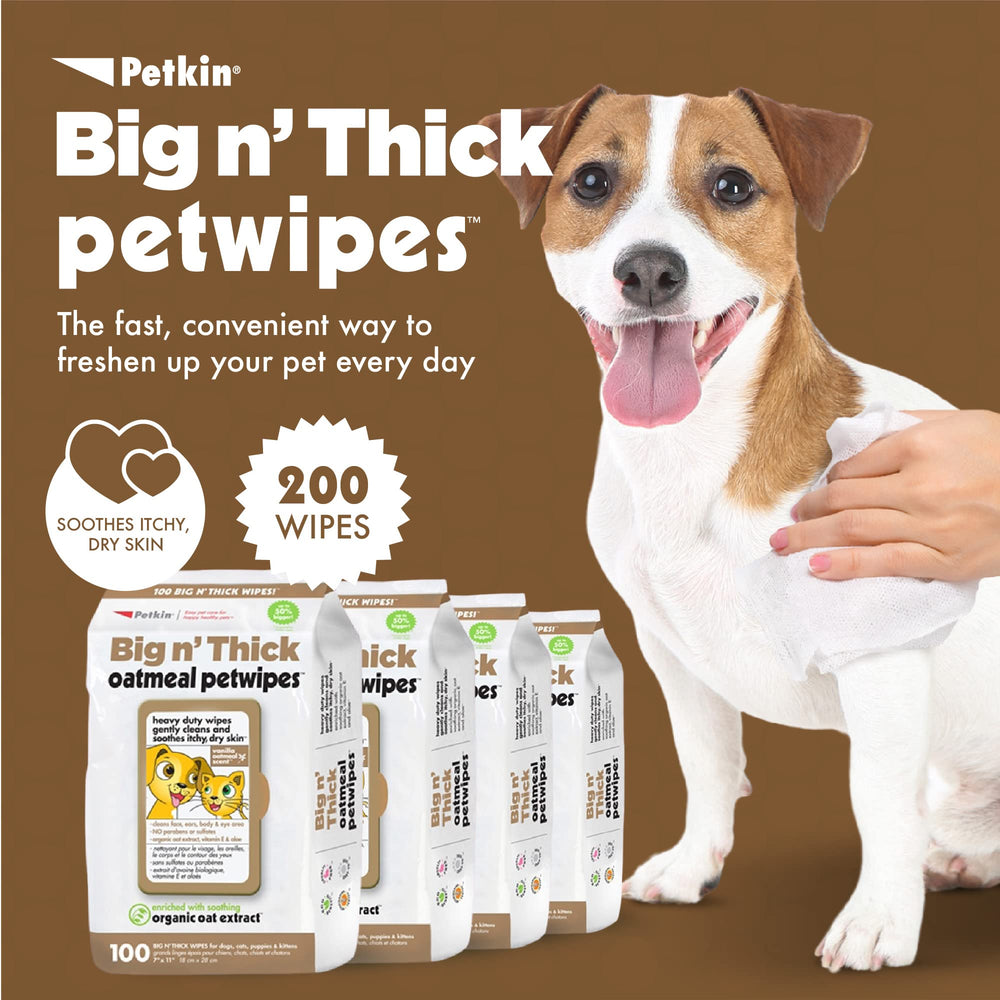 Petkin Large Oatmeal Pet Wipes 7x11 inch sheets for quick full-body cleanup.