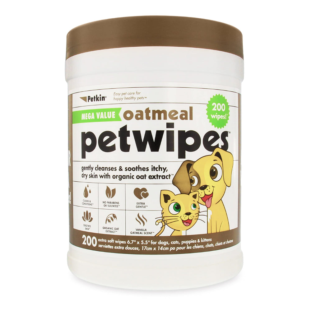 Petkin Mega PetWipes tub close-up for quick, gentle cleaning on dogs and cats.