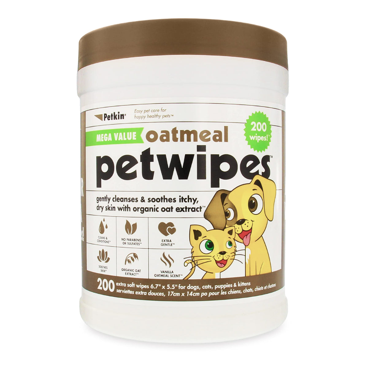 Petkin Mega PetWipes tub close-up for quick, gentle cleaning on dogs and cats.