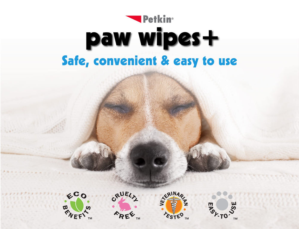 Petkin Paw Wipes ingredients label highlighting aloe, lanolin, and vitamin E for soothing clean