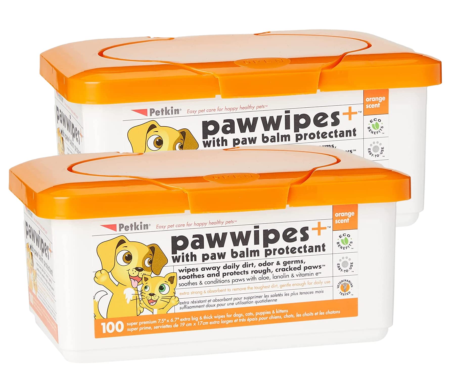 Petkin Paw Wipes Plus tub front showing 2 pack for easy paw cleaning on the go