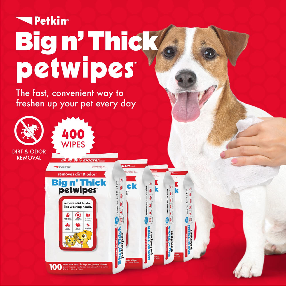 Petkin Pet Wipes for ears, face, and body provide gentle cleansing.