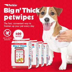 Petkin Pet Wipes for ears, face, and body provide gentle cleansing.