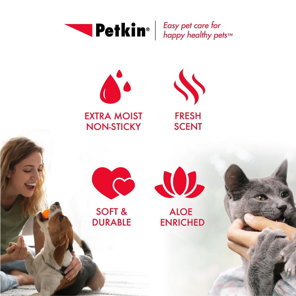 Petkin Pet Wipes clean face, ears and eye area gently without rinsing.