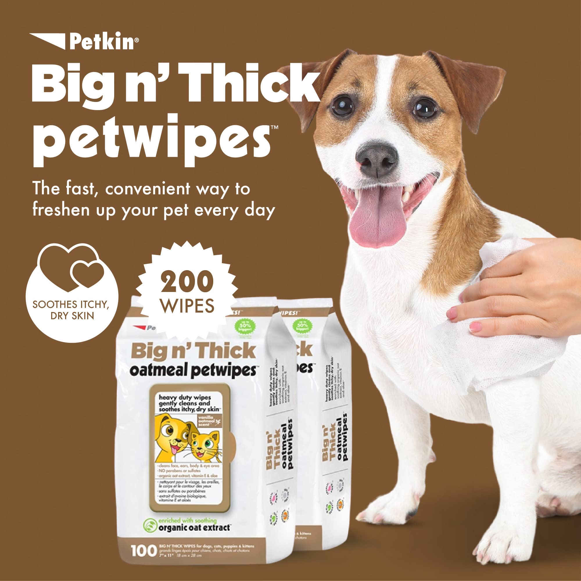 Petkin Pet Wipes large closeup texture demonstrates gentle cleansing on fur