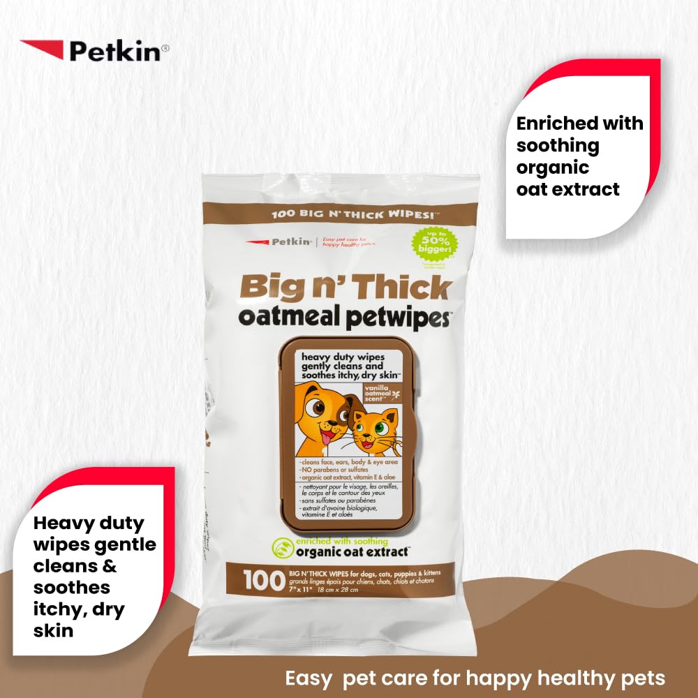 Petkin wipes with oatmeal and aloe for a soothing grooming touch.