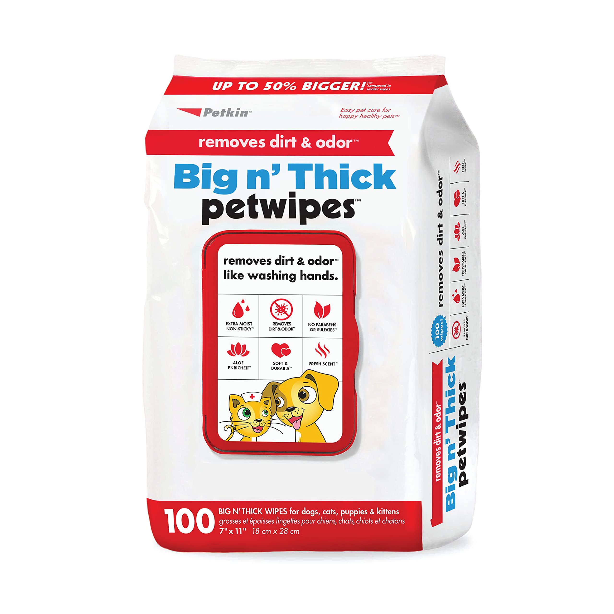 Petkin Pet Wipes pack-front shows convenient 100-count packaging for home or travel.