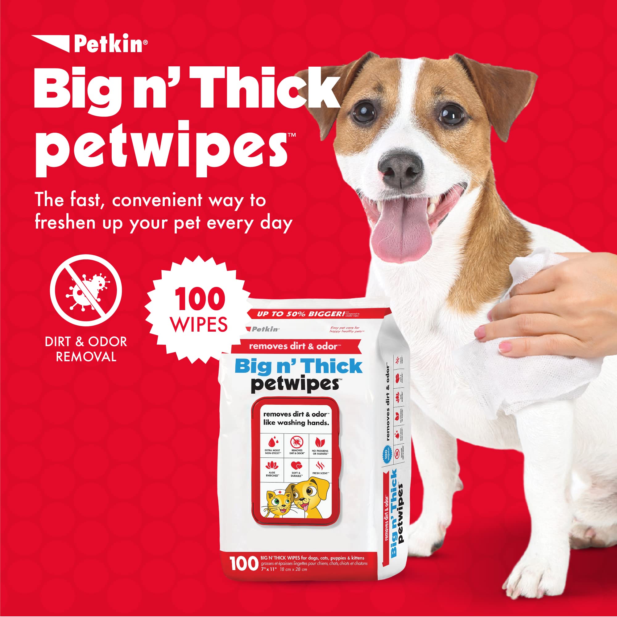 Petkin Pet Wipes closeup highlights thick, large 7x11 inch sheets for easy cleaning.