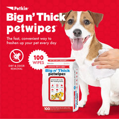 Petkin Pet Wipes closeup highlights thick, large 7x11 inch sheets for easy cleaning.