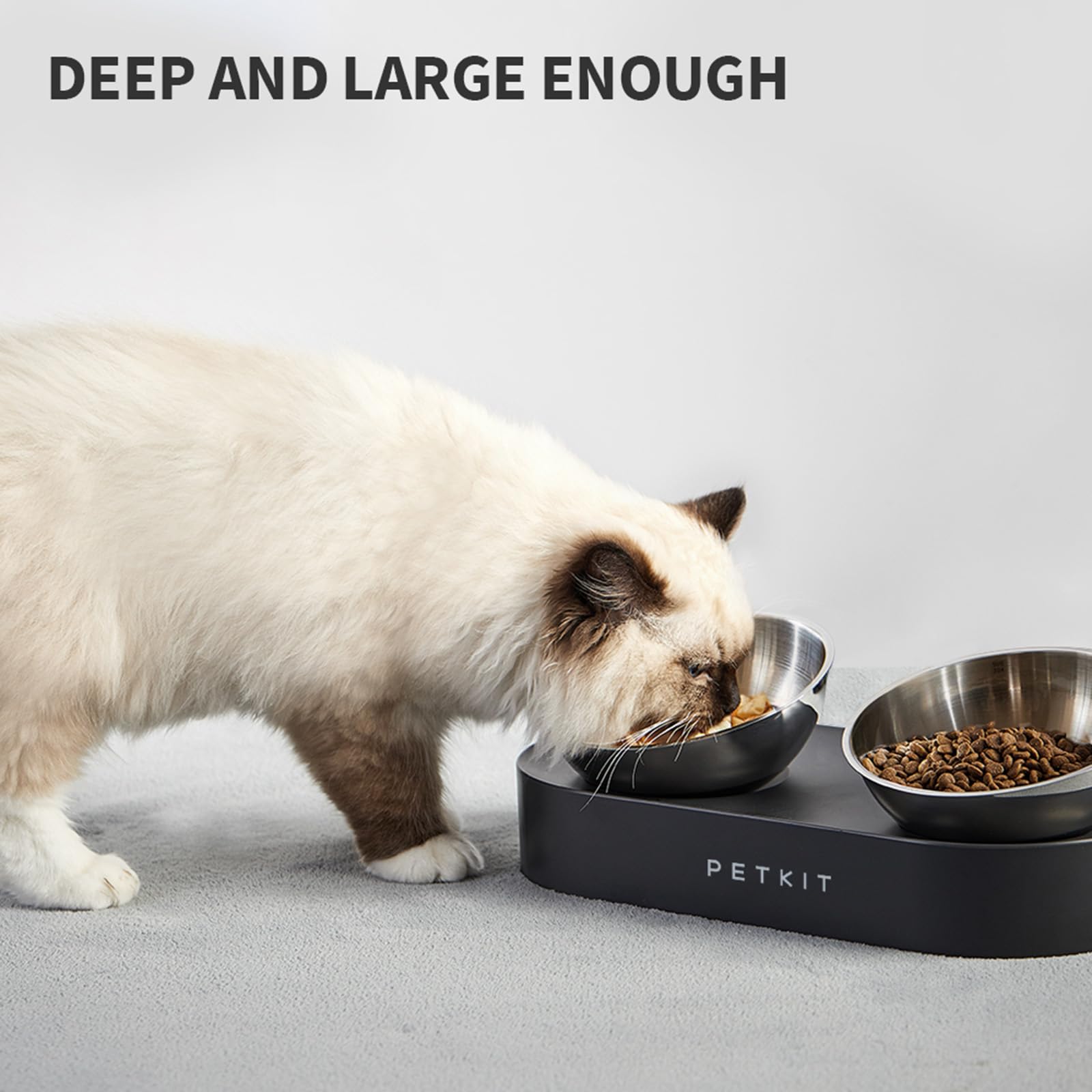 PETKIT Cybertail cat and small dog feeding setup in a calm kitchen corner.