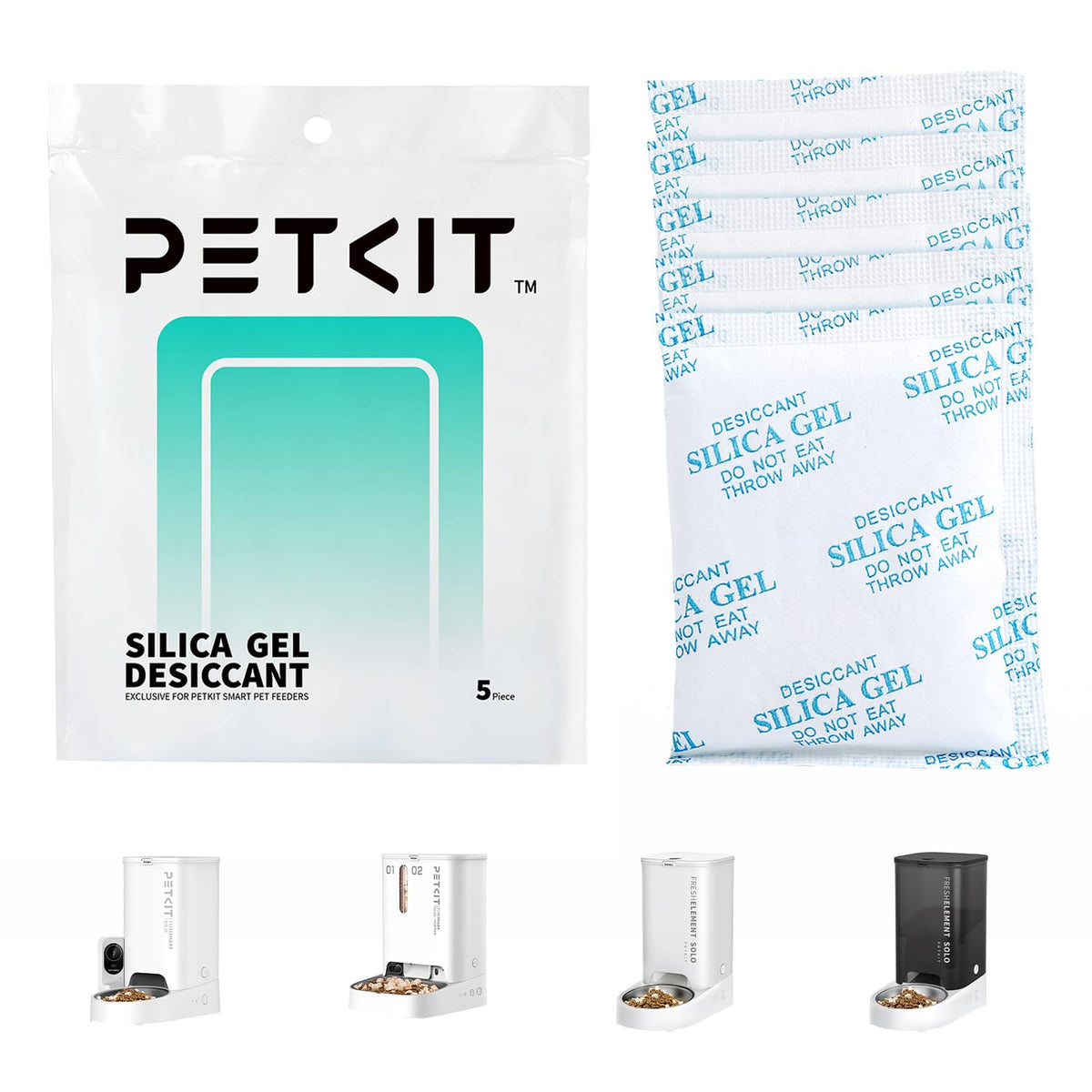 PETKIT desiccant bags 5-pack packaging keeps feeders tidy and moisture-free.