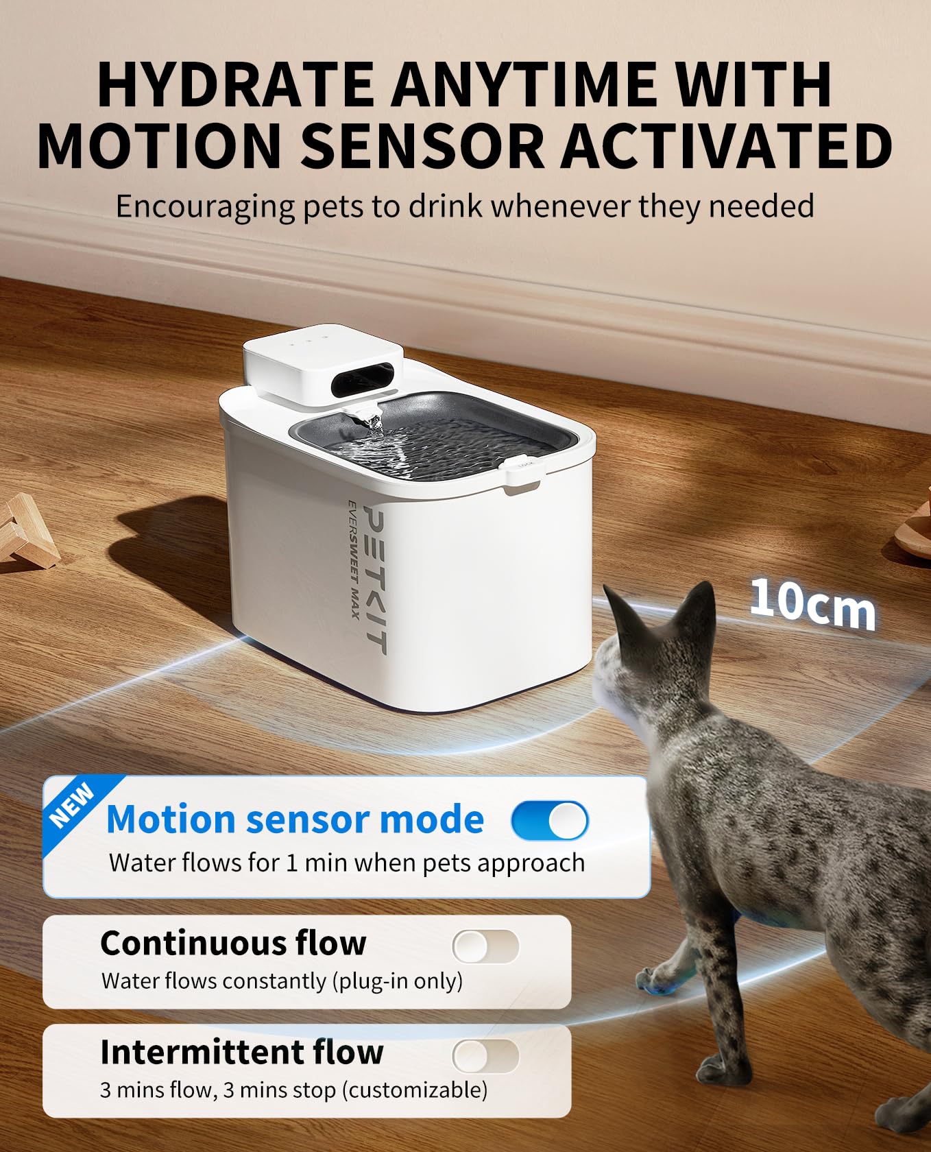 PETKIT EVERSWEET MAX motion sensor activation demonstrates automatic flow for inviting drinking