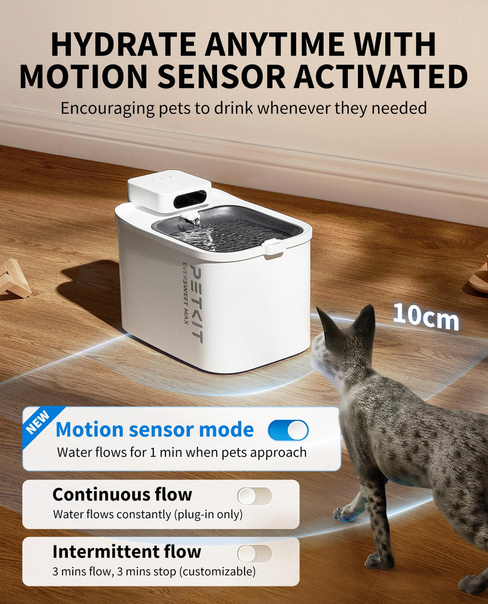 PETKIT EVERSWEET MAX motion sensor activation demonstrates automatic flow for inviting drinking