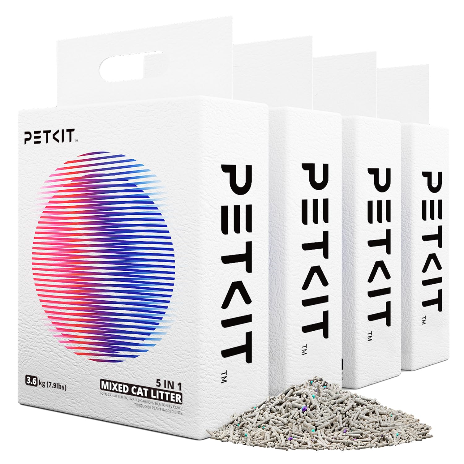 PETKIT Mixed Cat Litter 5in1 mix shown in packaging highlighting natural ingredients and quick clumping