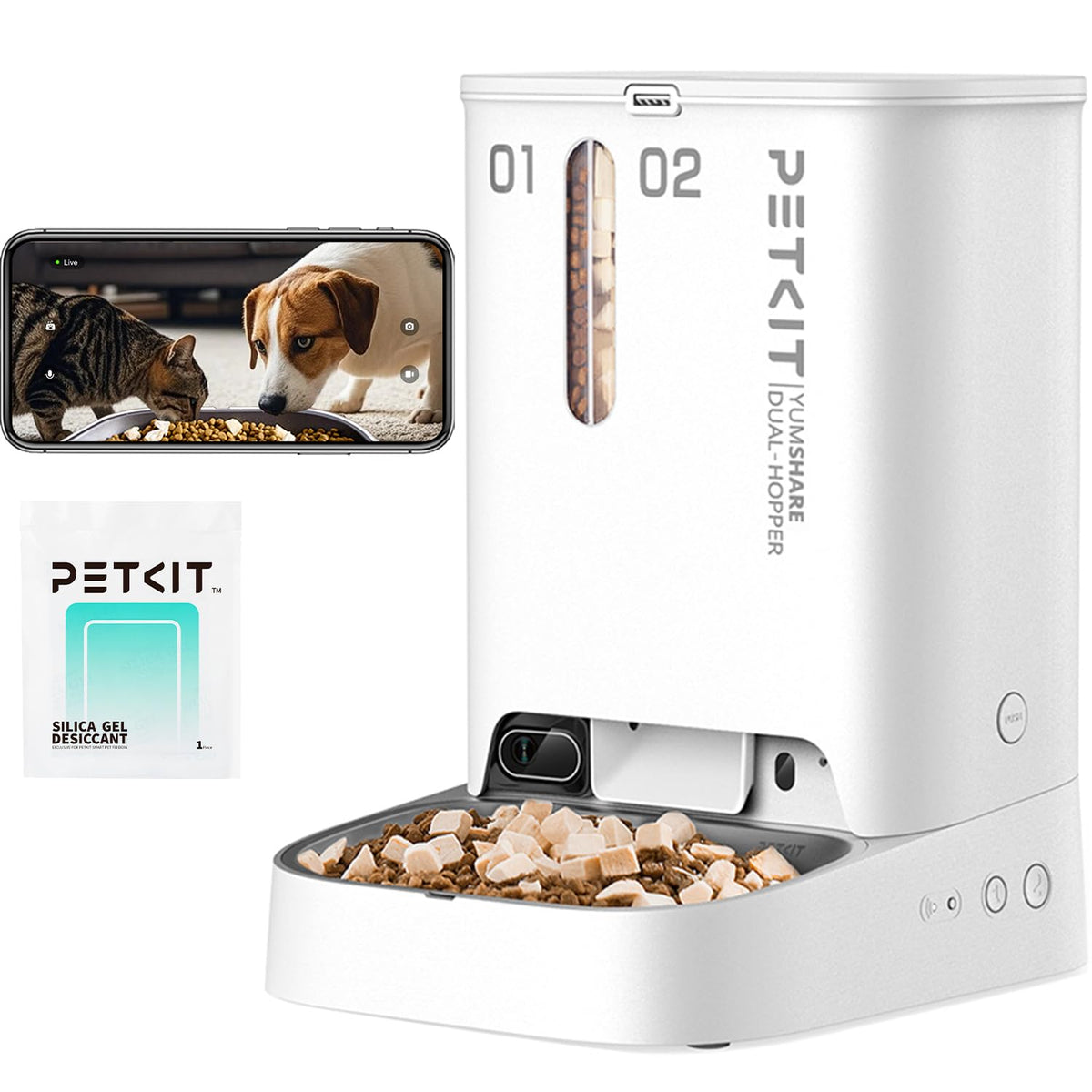 PETKIT Yumshare dual-hopper feeder front view for remote feeding management