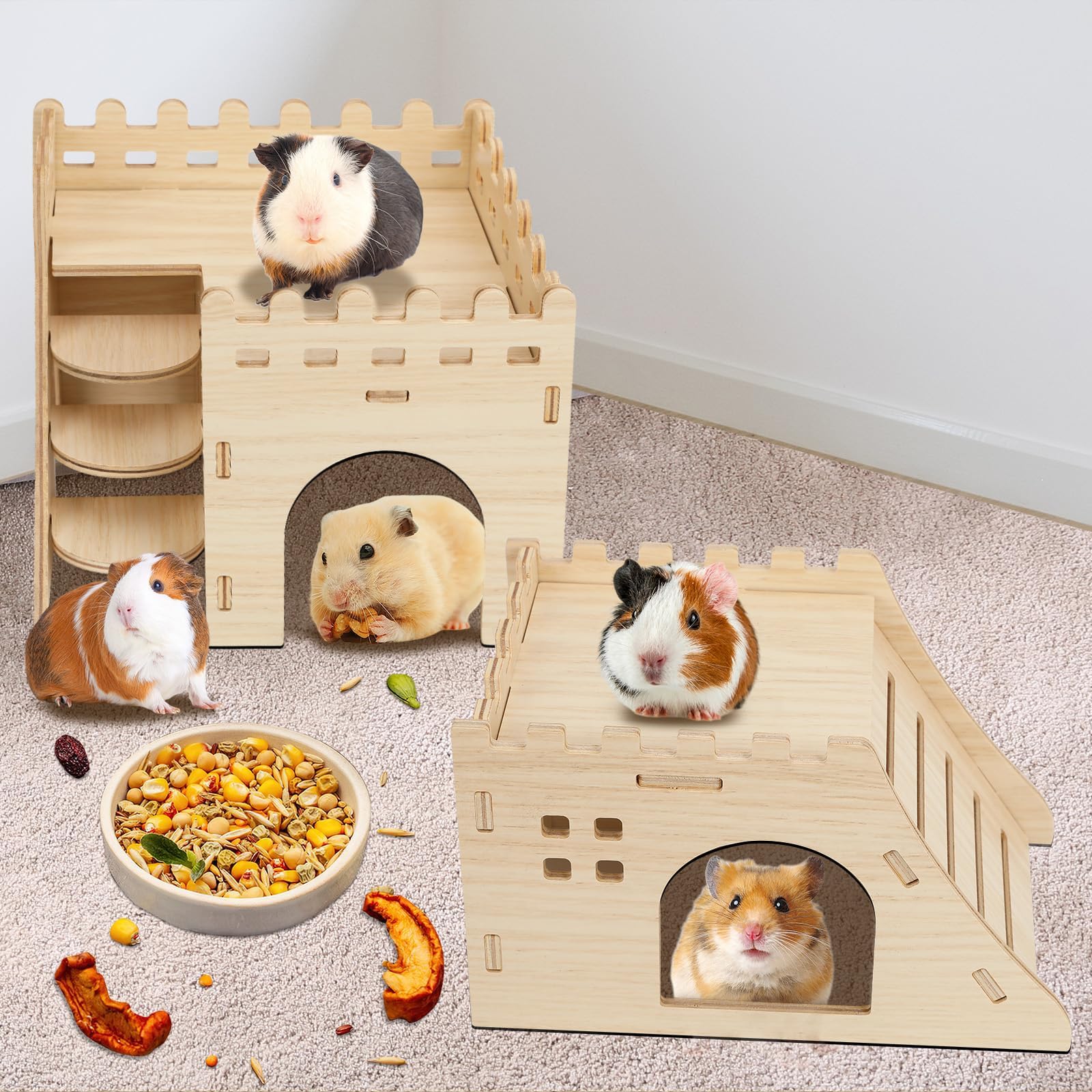 PETKNOWS wooden houses provide resting spots and enrichment for small pets.