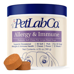 PetLab Co. Allergy & Immune Daily Probiotics packaging shows 30 chews for dogs, daily support implied.