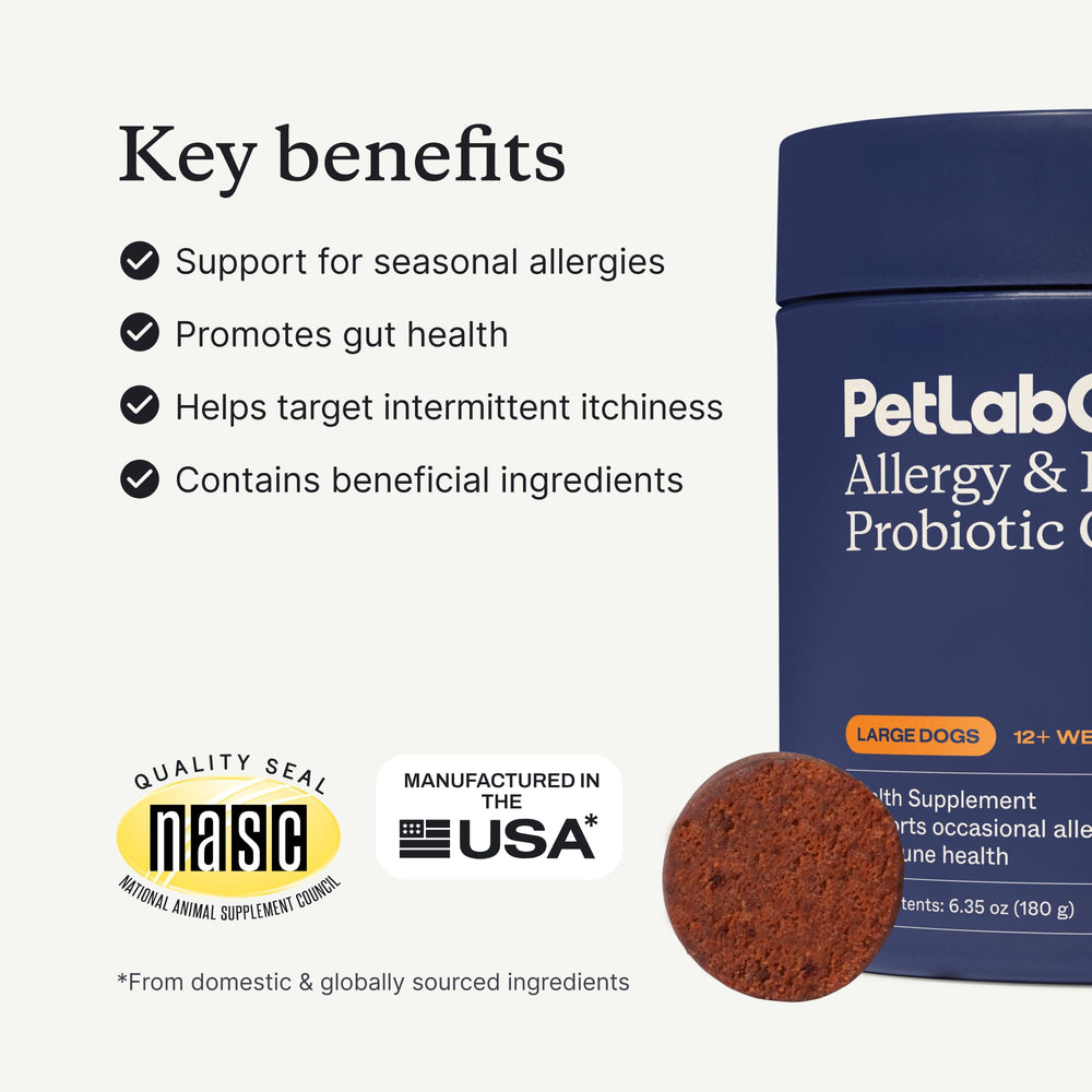 PetLab Co. Allergy & Immune Daily Probiotics yeast-balance visual suggests balanced yeast for dogs.