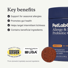 PetLab Co. Allergy & Immune Daily Probiotics yeast-balance visual suggests balanced yeast for dogs.