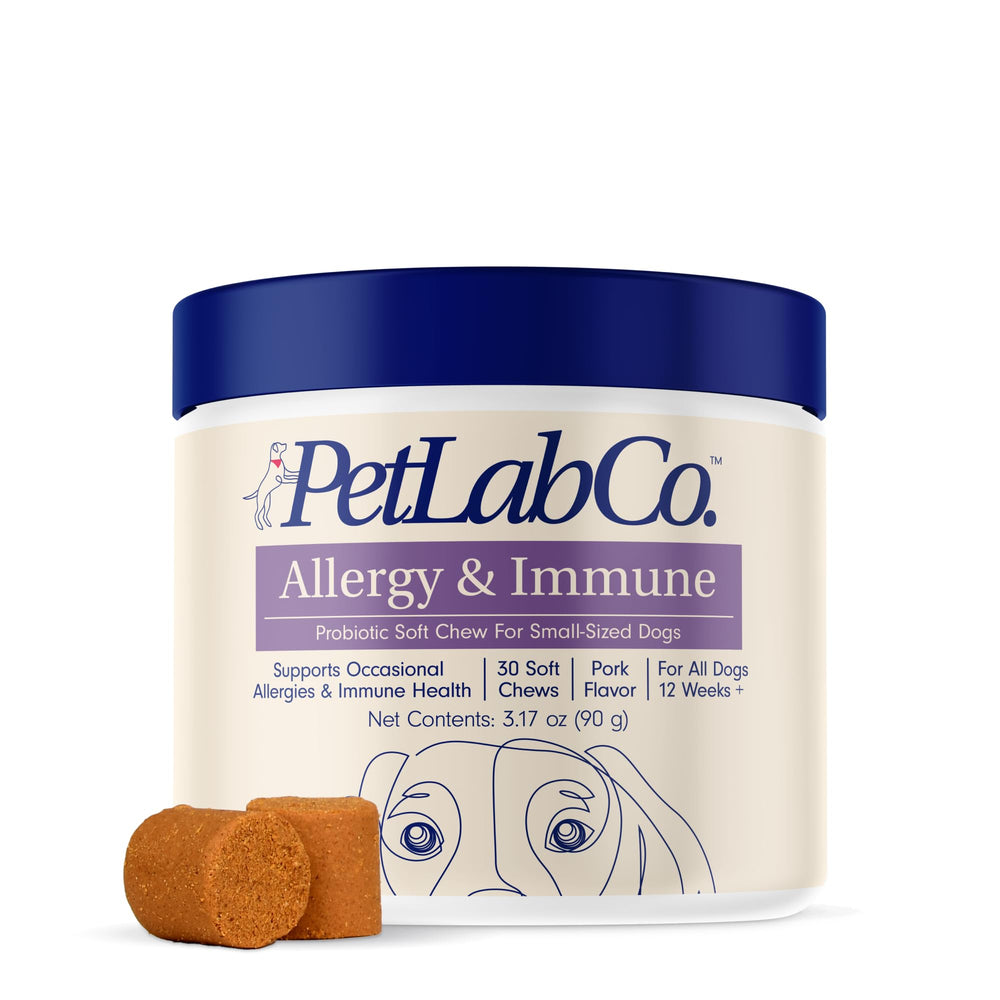 PetLab Co bottle of Allergy & Immune Daily Probiotics for Dogs—seasonal allergy support.