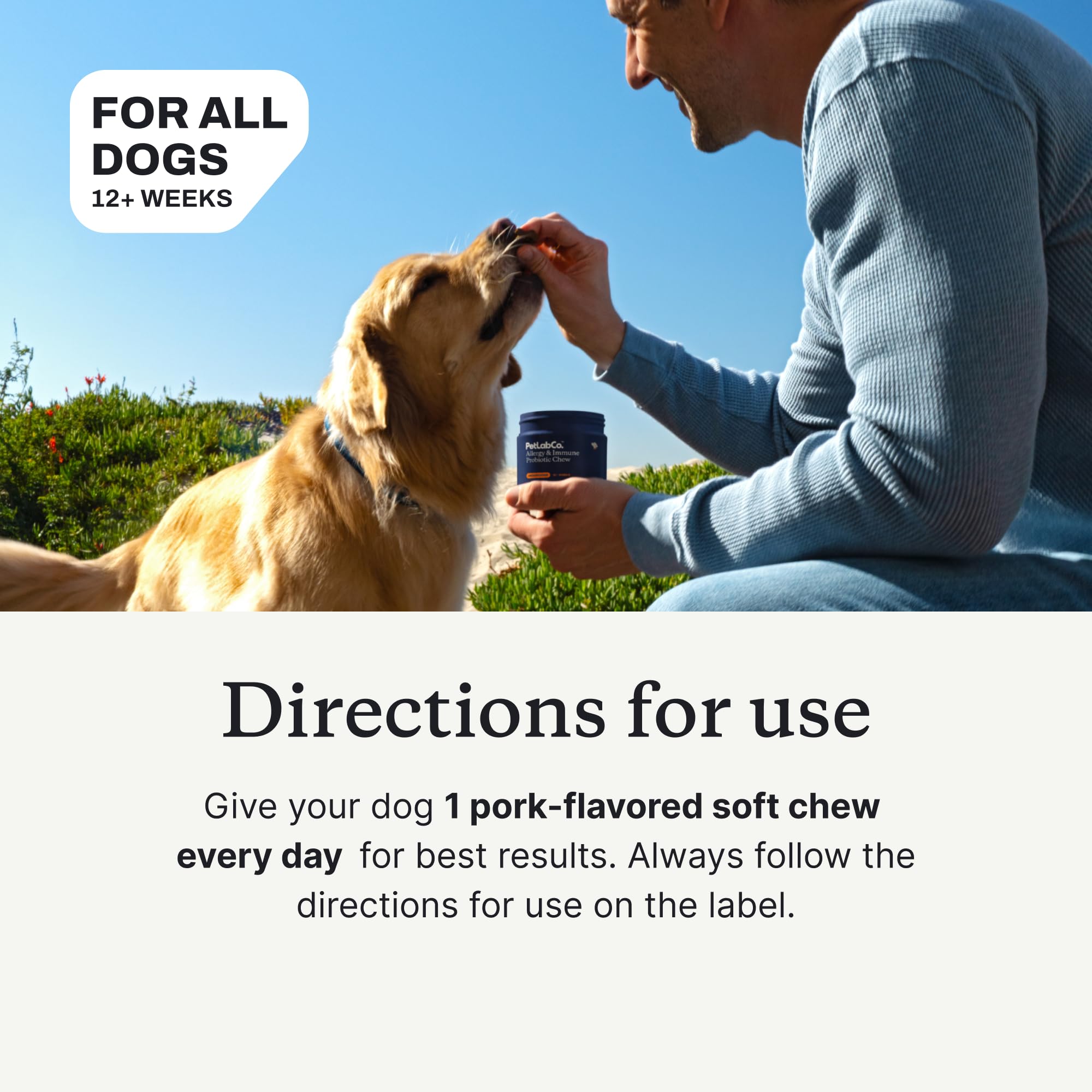 PetLab Co allergy-probiotic chews box—seasonal allergy comfort for dogs.