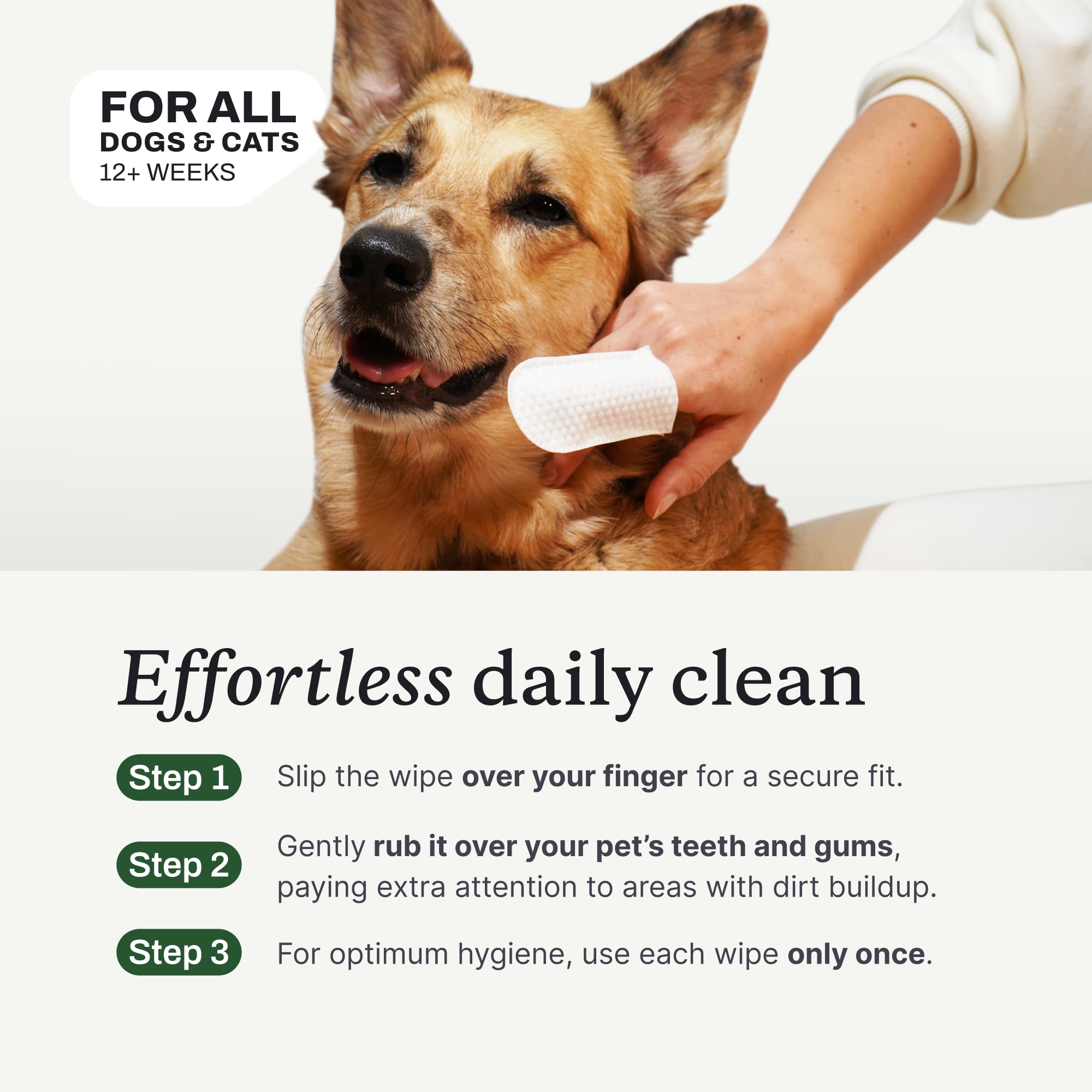PetLab Co. Dental Finger Wipes brighten teeth and gums with gentle abrasion.