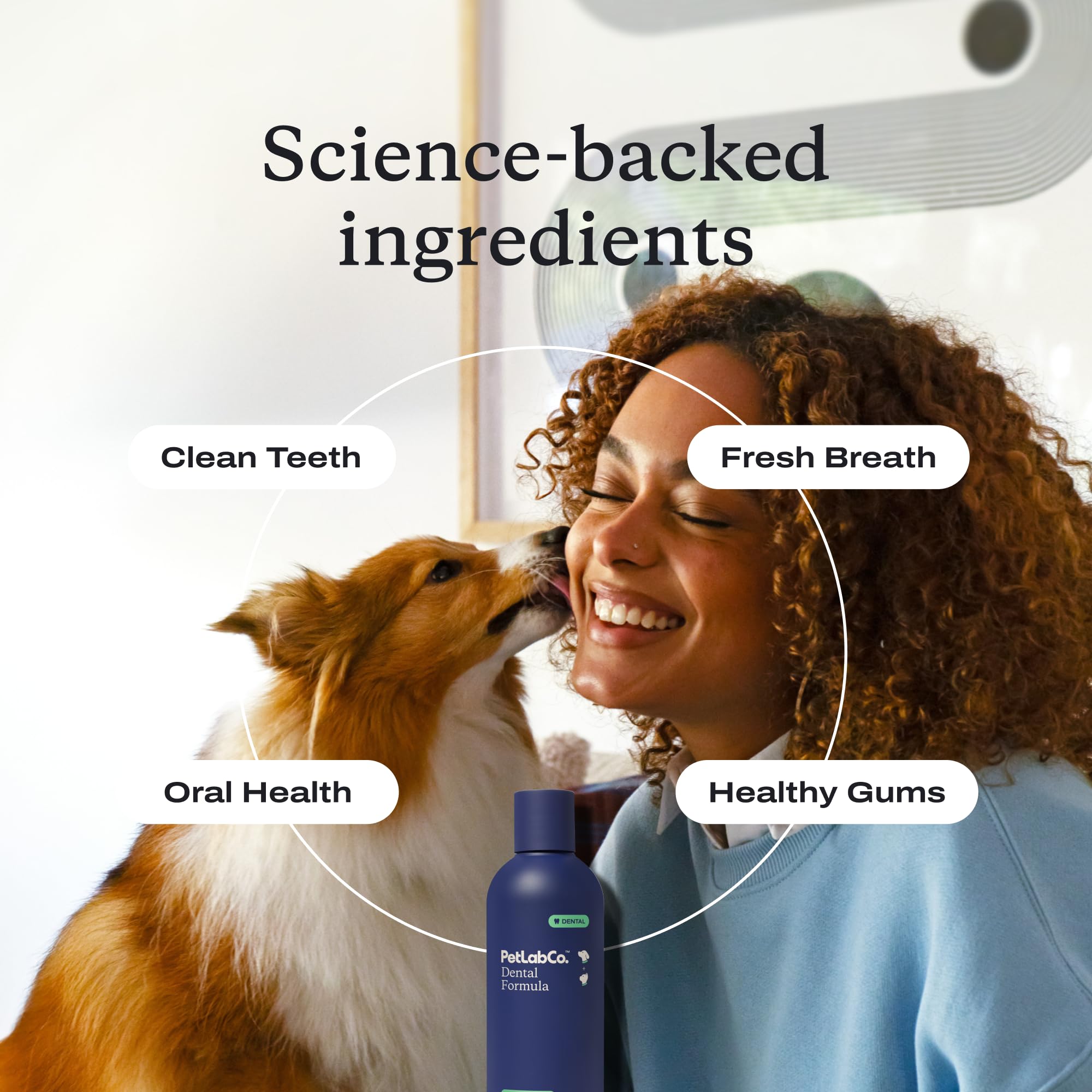PetLab Co fresh breath formula shown with a dog for kiss-friendly moments.