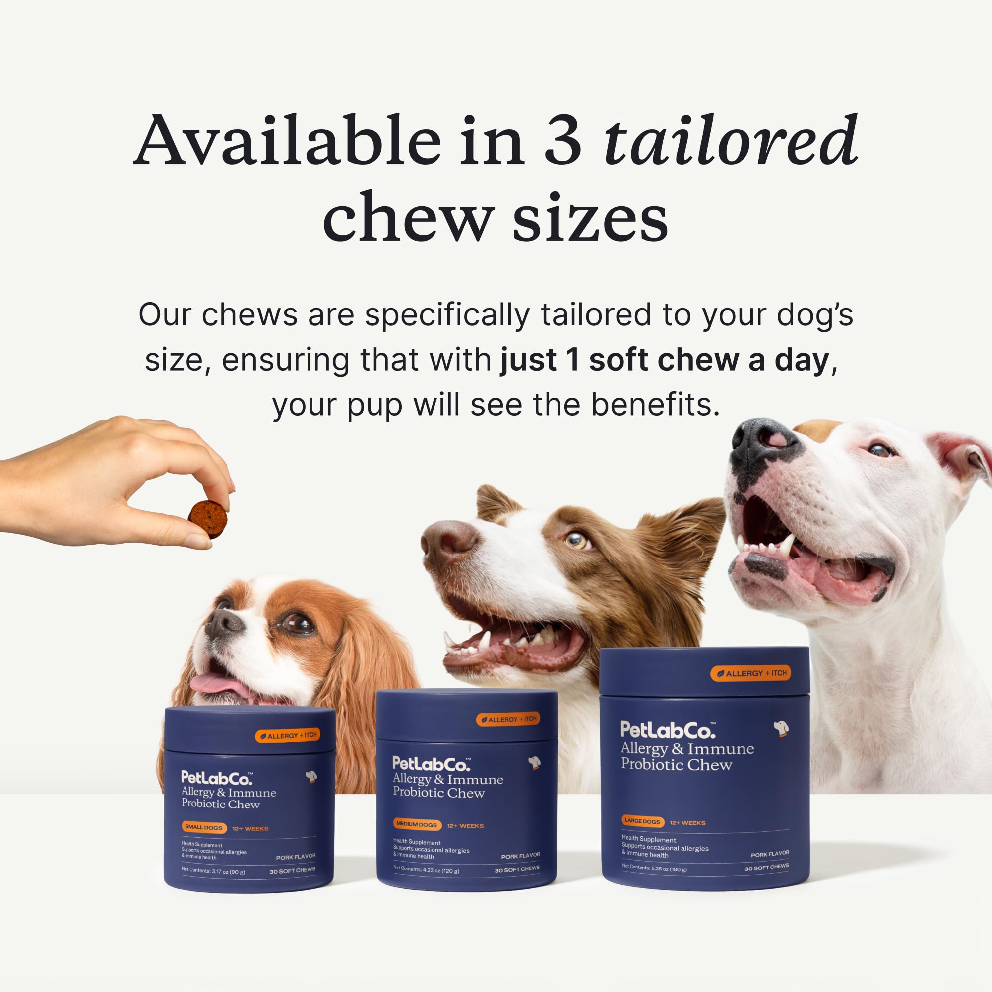 PetLab Co daily probiotics for dogs jar—intermittent itching and digestive health support.
