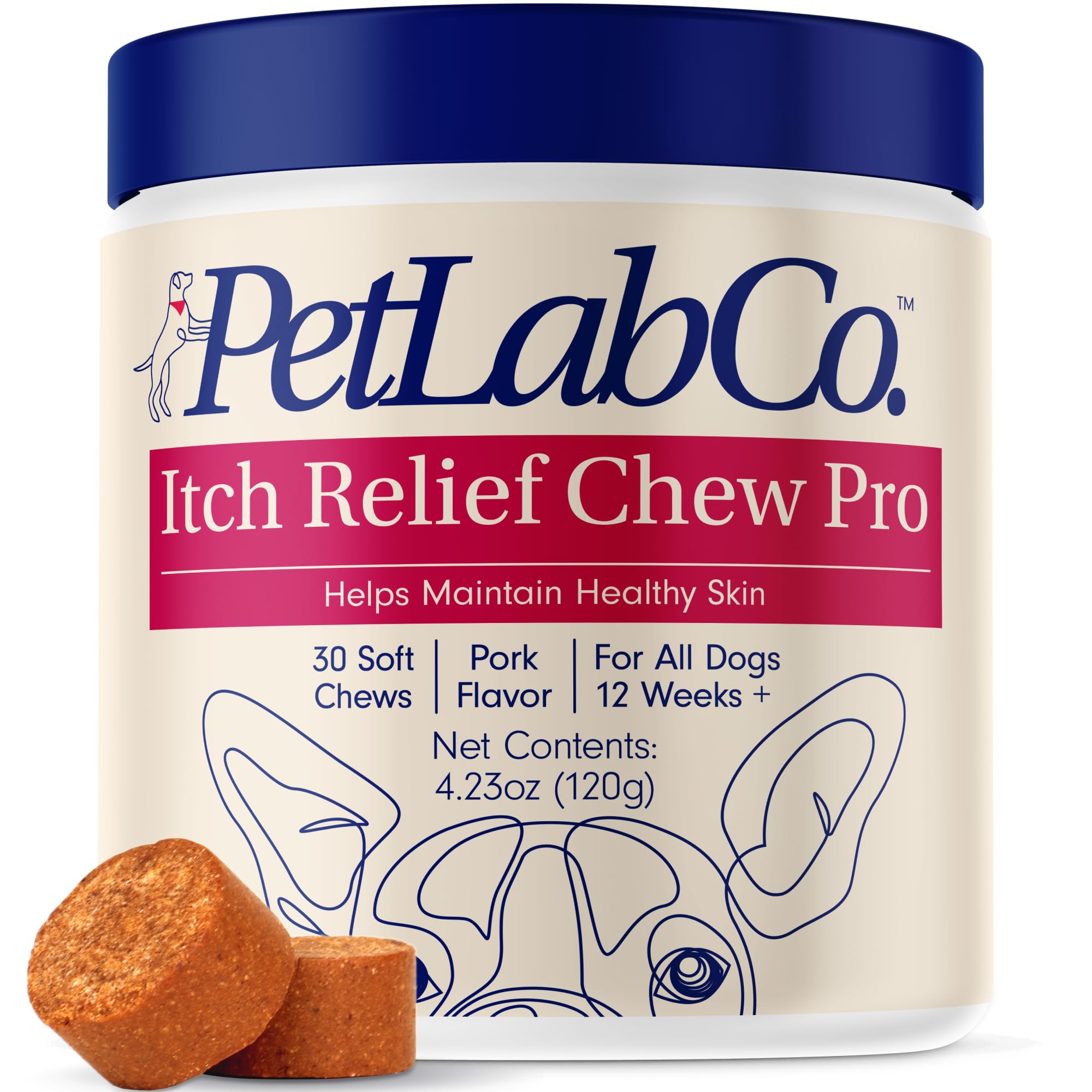 PetLab Co. Itch Relief Chew Pro bottle on shelf may support healthy skin routines