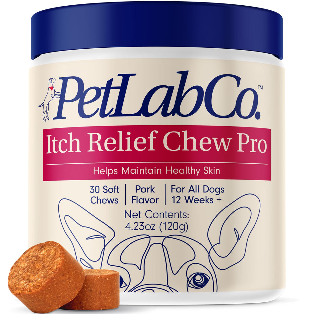 PetLab Co. Itch Relief Chew Pro bottle on shelf may support healthy skin routines