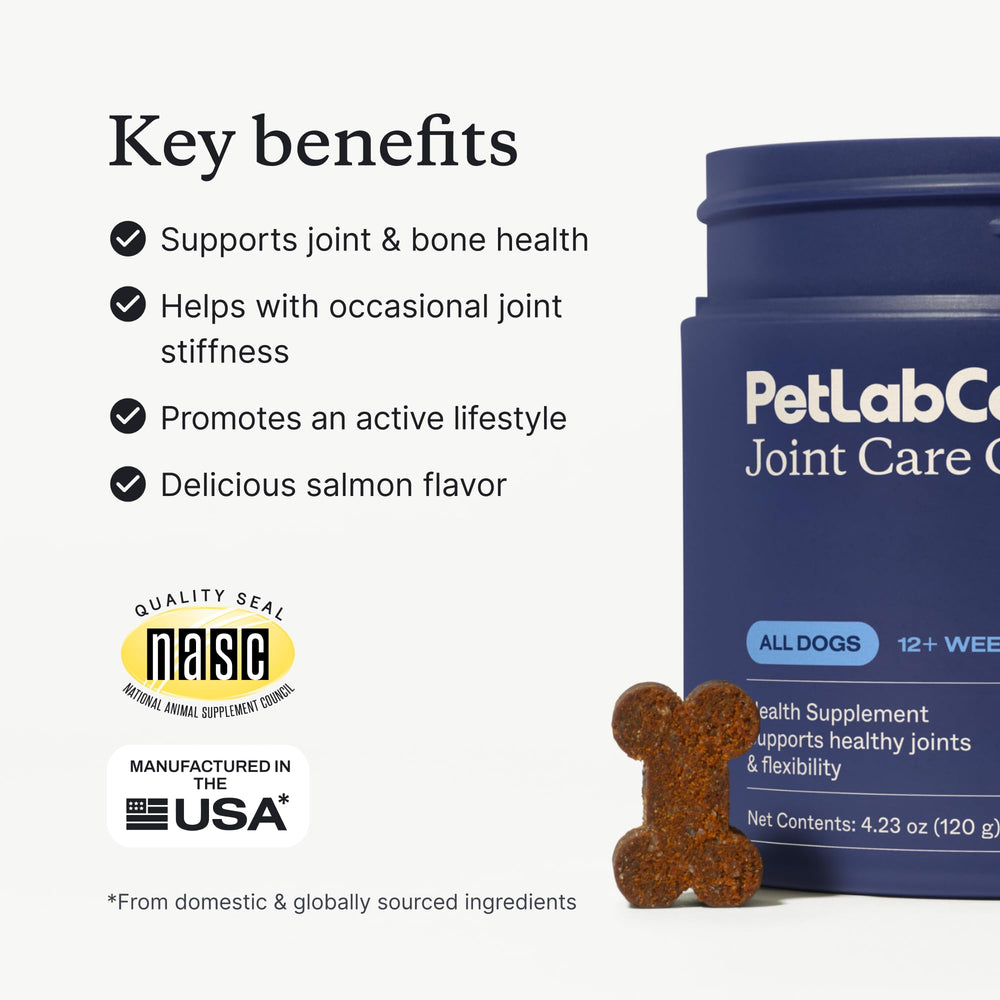 PetLab Co Joint Care Chews with green-lipped mussels for joint-supportive nutrition.