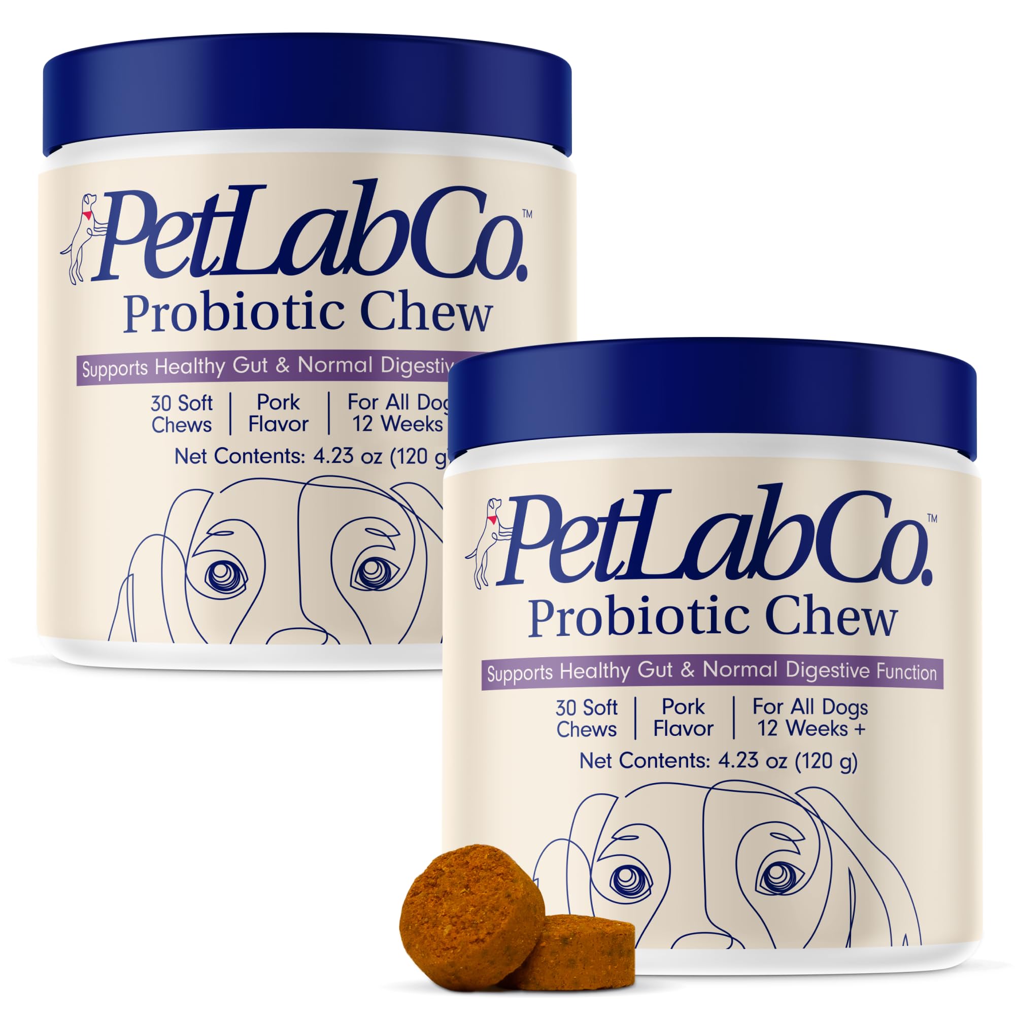 PetLab Co. Probiotics for Dogs bottle pours with pork-flavored chews for gut health support.