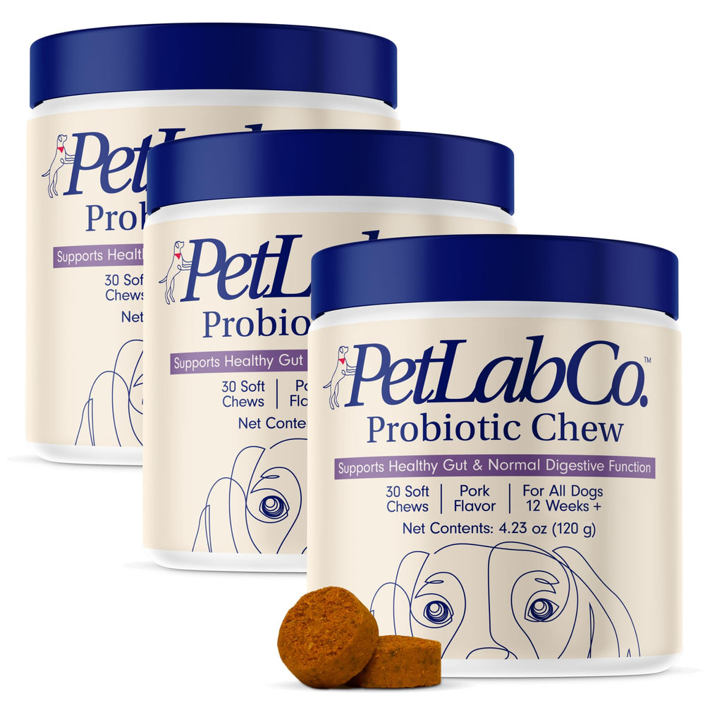 PetLab Co. dog probiotics pork-flavor soft chews in bottle support gut health.