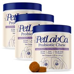 PetLab Co. dog probiotics pork-flavor soft chews in bottle support gut health.
