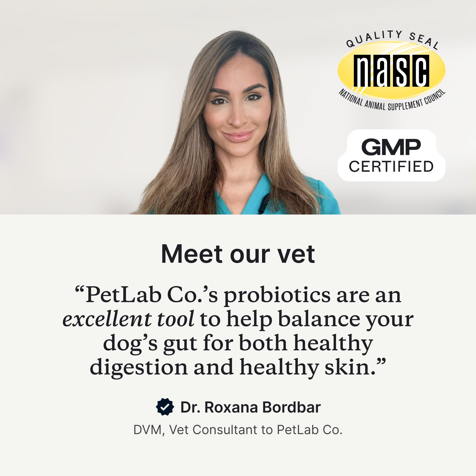 PetLab Co. probiotic jar label highlights USA-made quality and NASC certification.