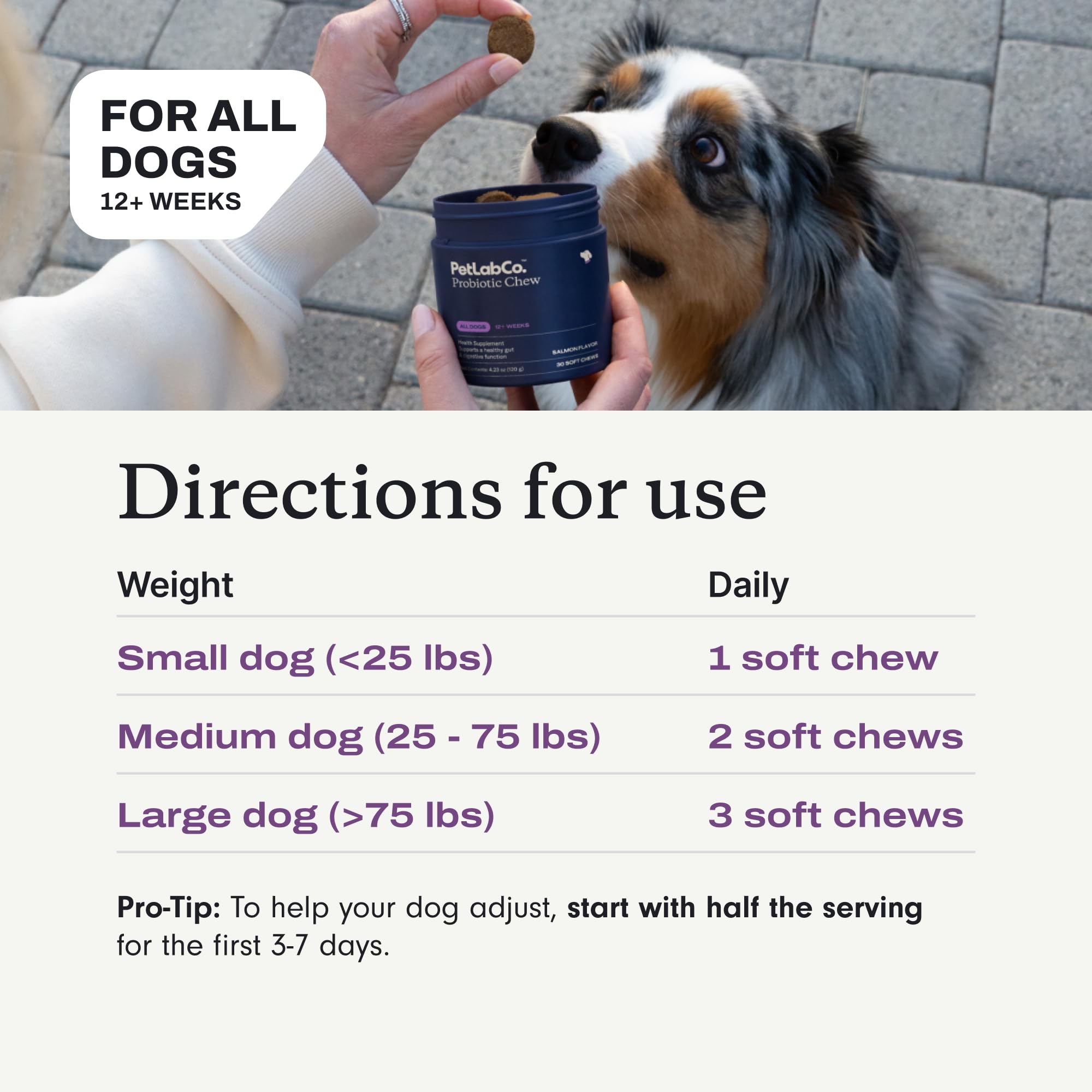PetLab Co Probiotics for Dogs seasonal allergies support via immune-friendly formula.