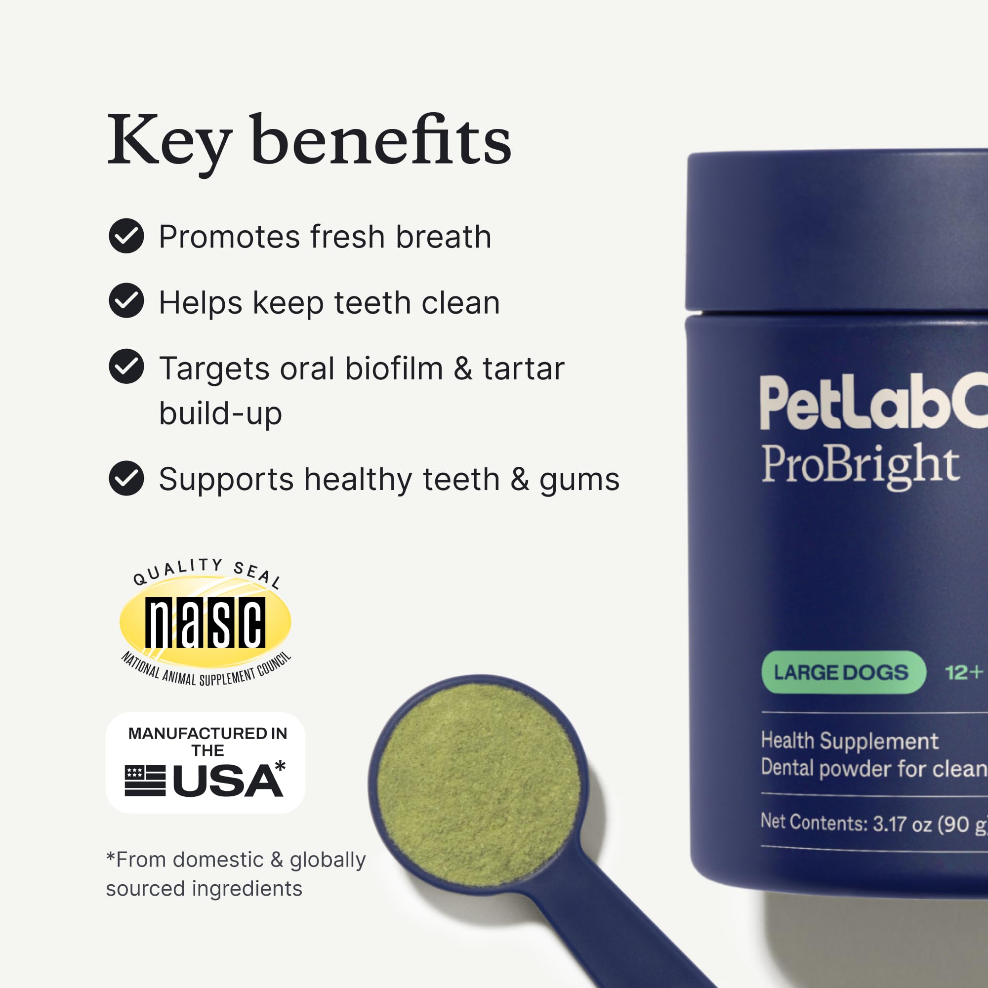 PetLab Co ProBright powder being sprinkled emphasizes simple one-scoop-a-day usage.