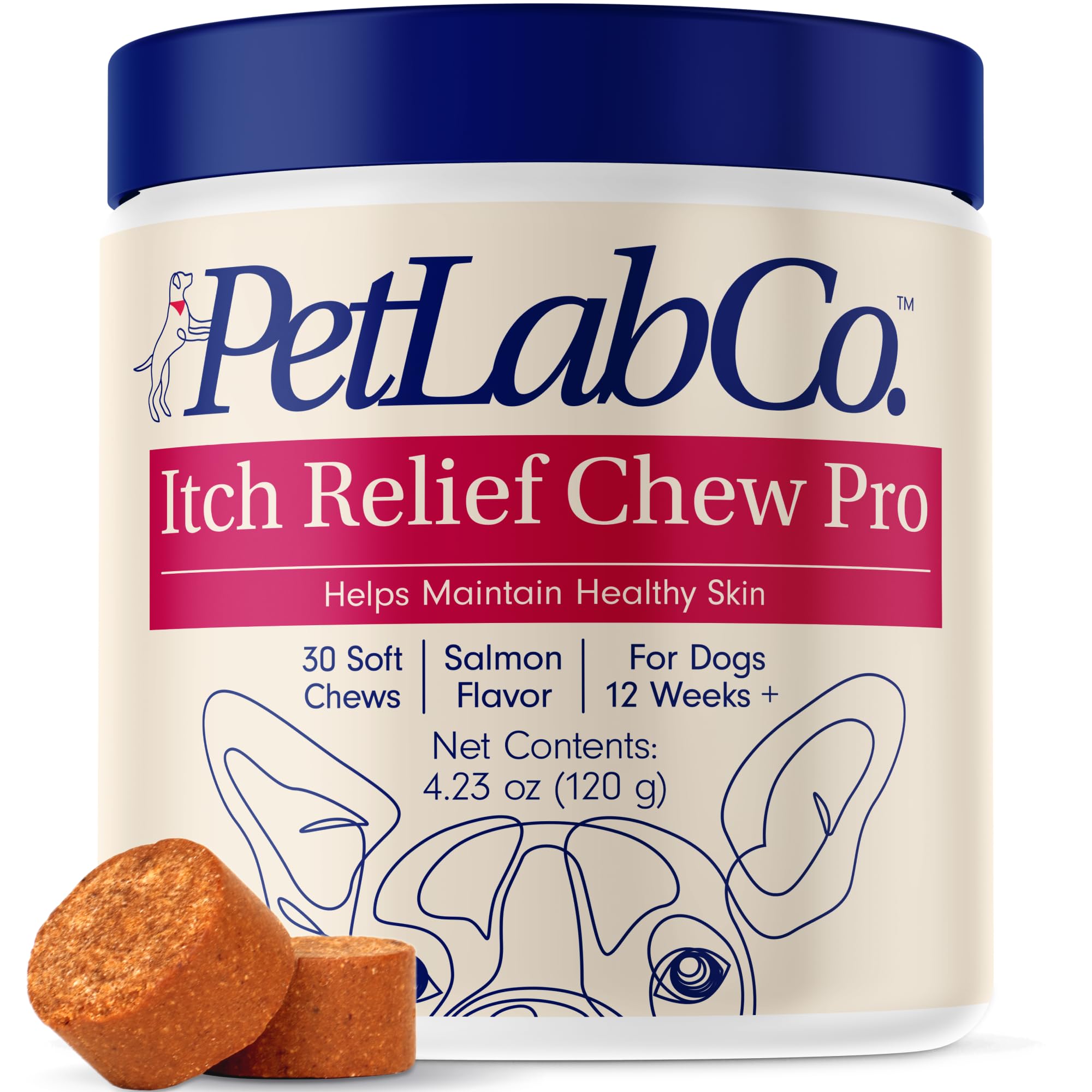 PetLab Co. Salmon Itch Relief Chew Pro bottle promoting healthy skin via omega-3