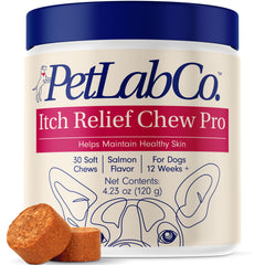 PetLab Co. Salmon Itch Relief Chew Pro bottle promoting healthy skin via omega-3