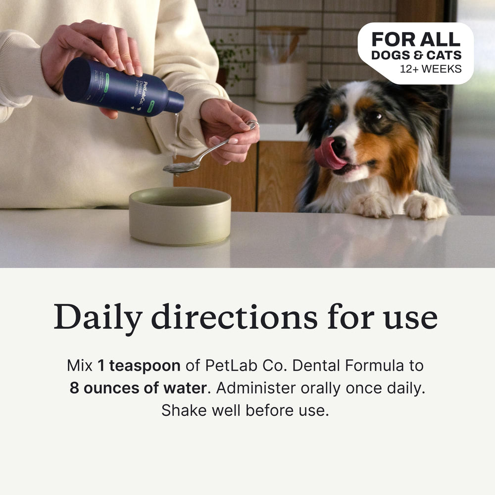 PetLab Co bottle with a close-up of teeth highlighting tartar-targeting.