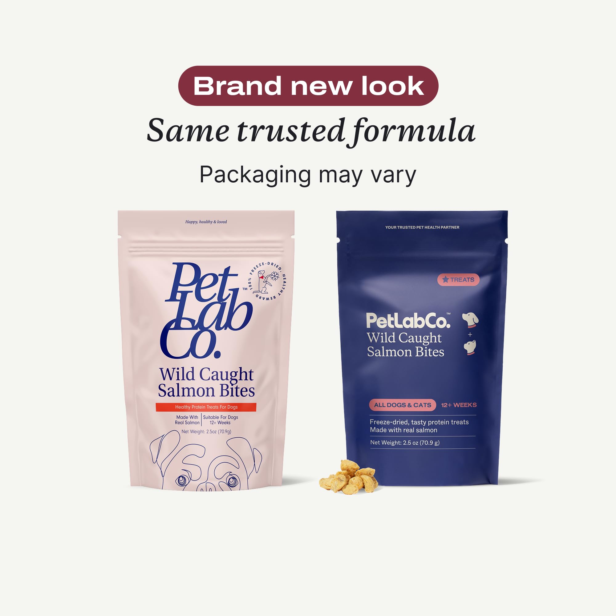 PetLab Co. wild-caught salmon treats closeup shows soft, freeze-dried texture ideal for rewards.