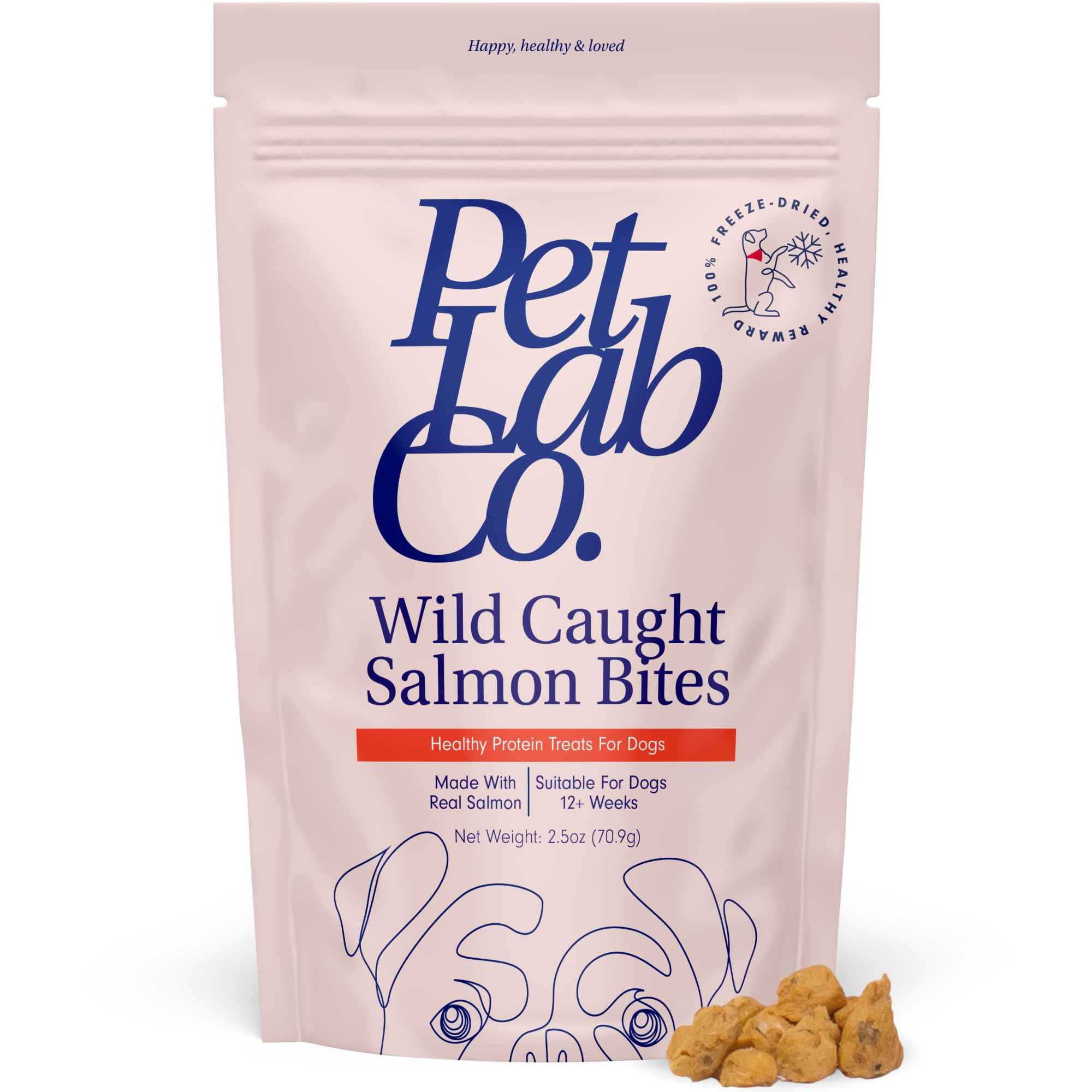 PetLab Co. wild-caught salmon packaging highlights premium USA-made nutrition for healthy skin and coat.