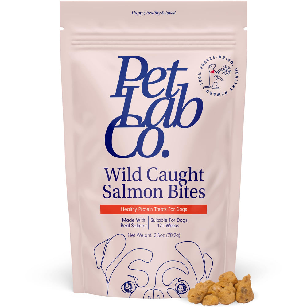 PetLab Co. wild-caught salmon packaging highlights premium USA-made nutrition for healthy skin and coat.
