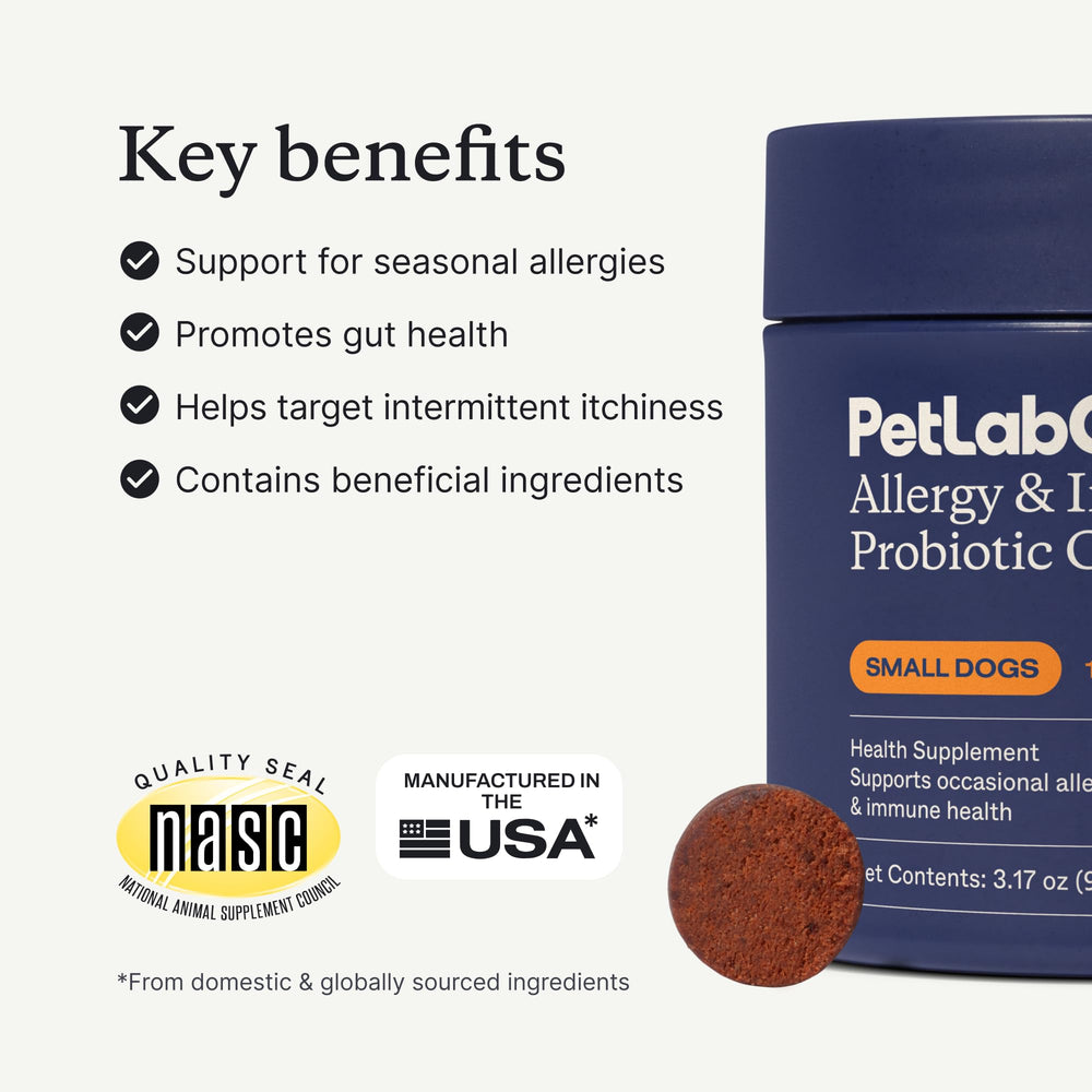 PetLab Co small-dogs probiotic chews jar—daily gut health for tiny companions.