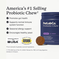 PetLab Co probiotics packaging variety signals NASC-certified quality.