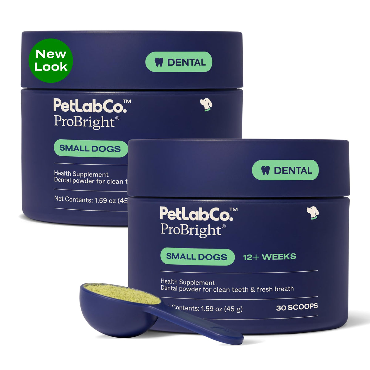 PetLab Co ProBright dental powder packaging shows two-pack convenience for small dogs.