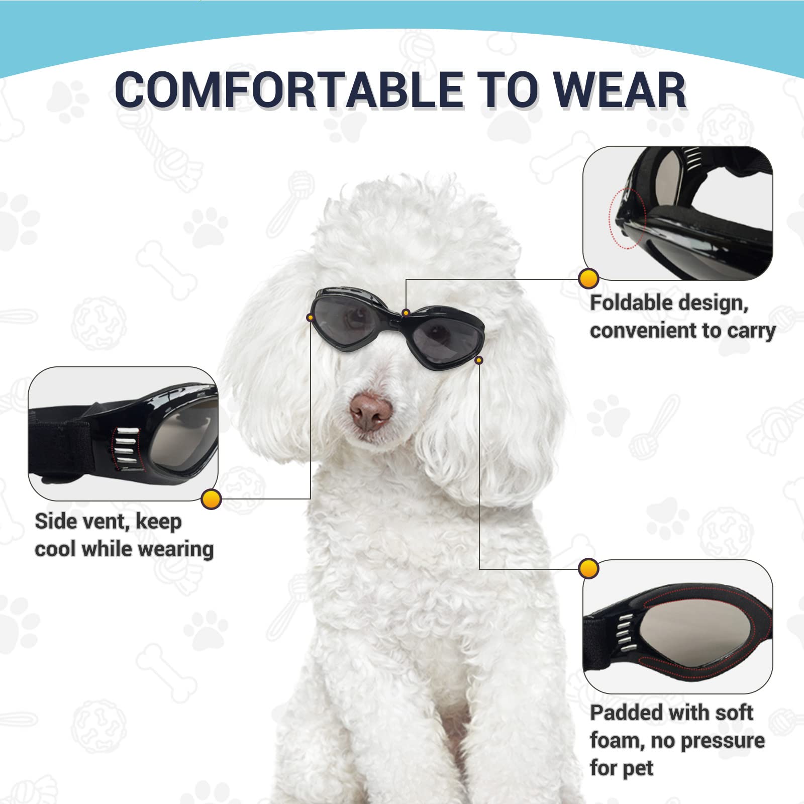 Petleso dog goggles soft PVC frame for comfortable wear.